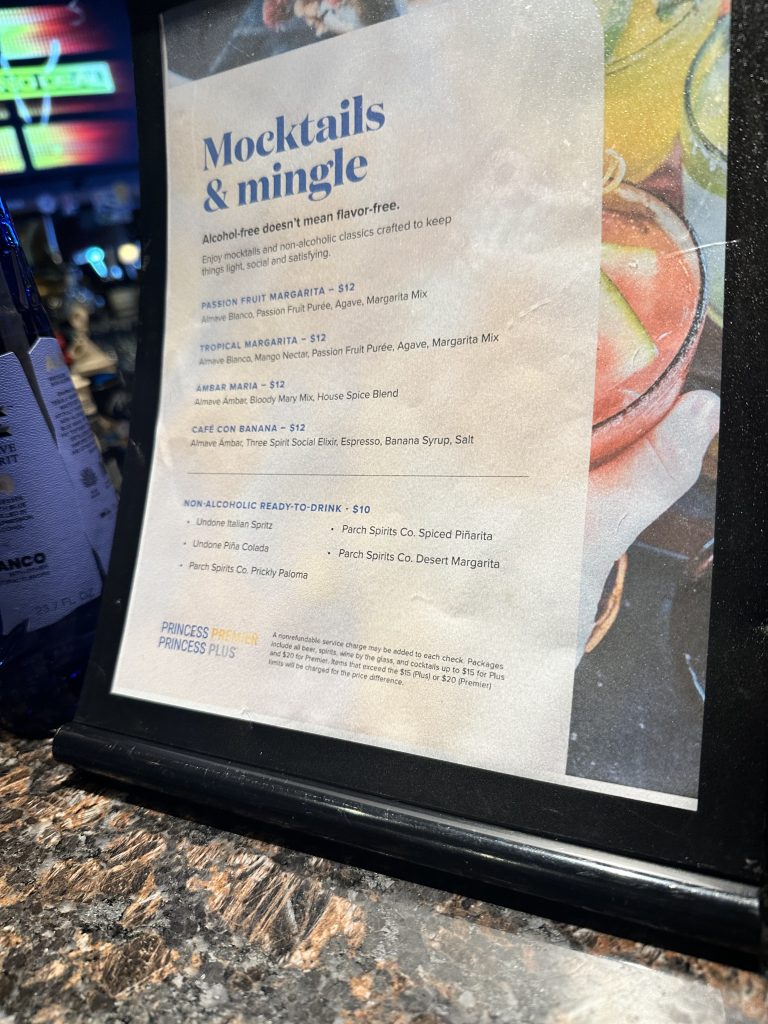 Princess Cruises drink package mocktail and non-alcoholic menu options
